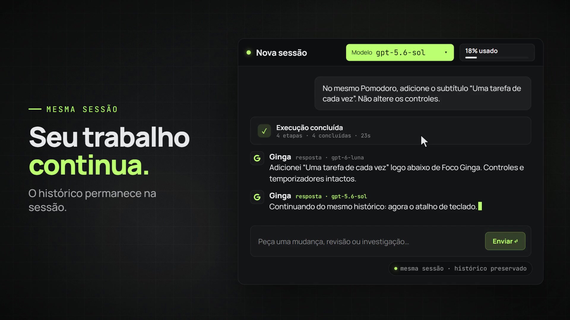 Demonstração visual do Ginga: a conversa permanece na mesma sessão enquanto o modelo muda