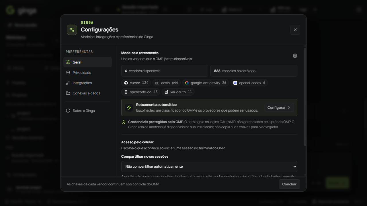 Configurações atuais do Ginga com provedores disponíveis, roteamento automático e acesso pelo celular